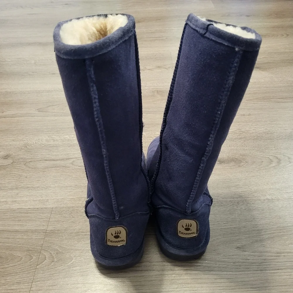 Bearpaw Tall Navy Blue Suede Sheepskin Fur Lined Winter Boots Womens‎ size 7